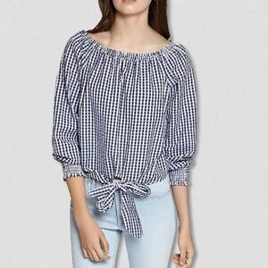Sanctuary Claire Gingham Print Top White Navy Blue M